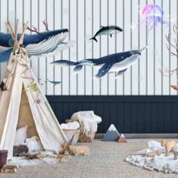 3D Whale Wallpaper, Coral Reef Wall Mural, Peel & Stick, Kids Decor - thumbnail 2