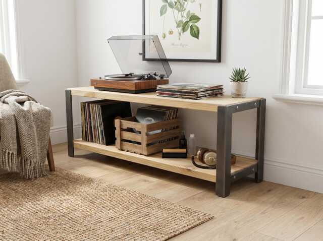 2-Tier Industrial Wood & Metal Shelving Unit Media Console, Solid Shelves, Angle Steel Frame, Vinyl Record Storage, Storage - image 1