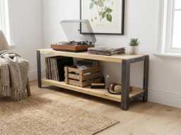 2-Tier Industrial Wood & Metal Shelving Unit Media Console, Solid Shelves, Angle Steel Frame, Vinyl Record Storage, Storage