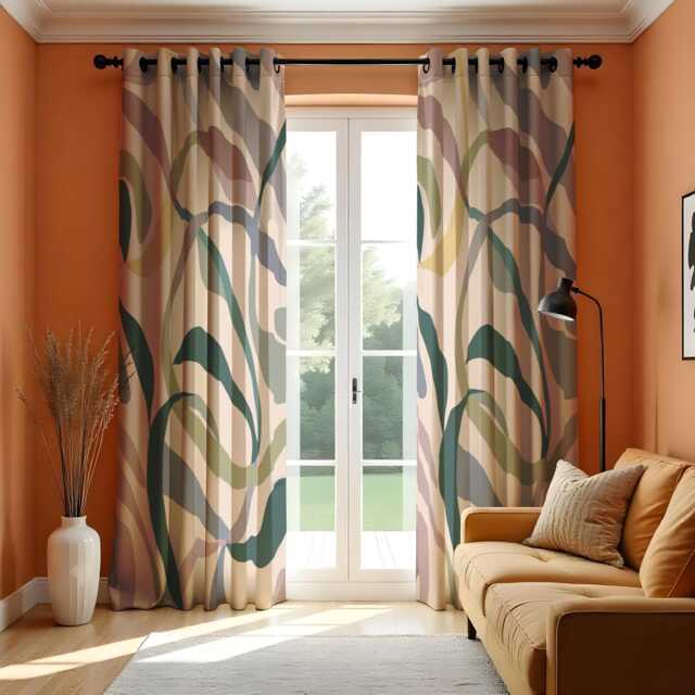 Abstract Leaf Curtains, Modern Botanical Print Drapes, Earth Tone Window Panels, Nature Decor For Living Room Or Bedroom - image 1