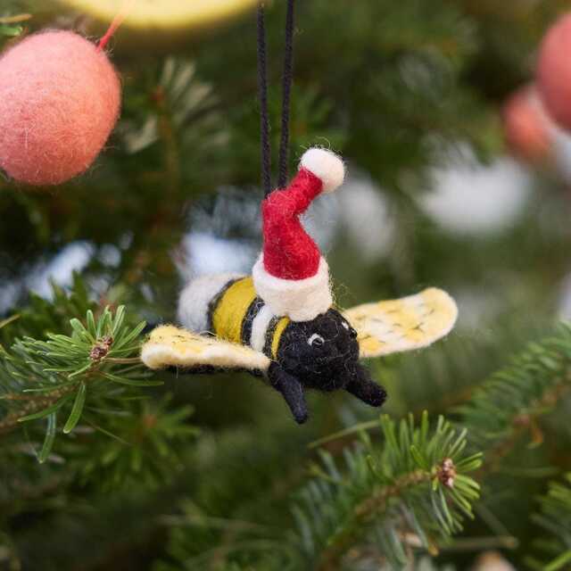 Santa Bumblebee Ornament, Hand Felted Festive Buzzy Charm, Handmade Christmas Decor - image 1