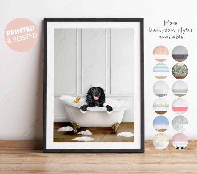 Black Cocker Spaniel Dog in A Bath Print, Bathing, Funny Bathroom Animal Bathtub, Dog Tub Whimsy - image 1