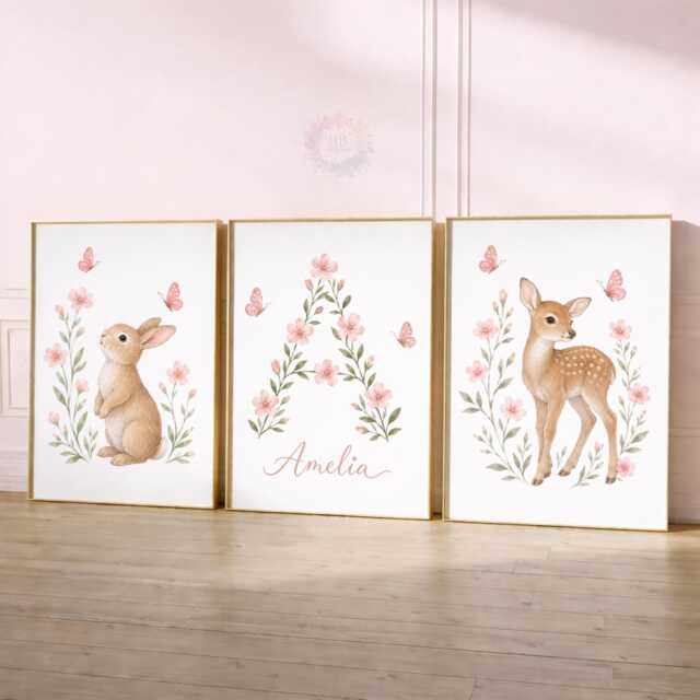 Girls Woodland Nursery Prints - Pink Personalised Print Set Of 3, Animal Bedroom Wall Art - image 1