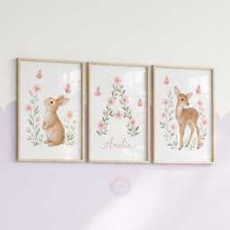Girls Woodland Nursery Prints - Pink Personalised Print Set Of 3, Animal Bedroom Wall Art - thumbnail 2