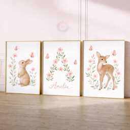 Girls Woodland Nursery Prints - Pink Personalised Print Set Of 3, Animal Bedroom Wall Art