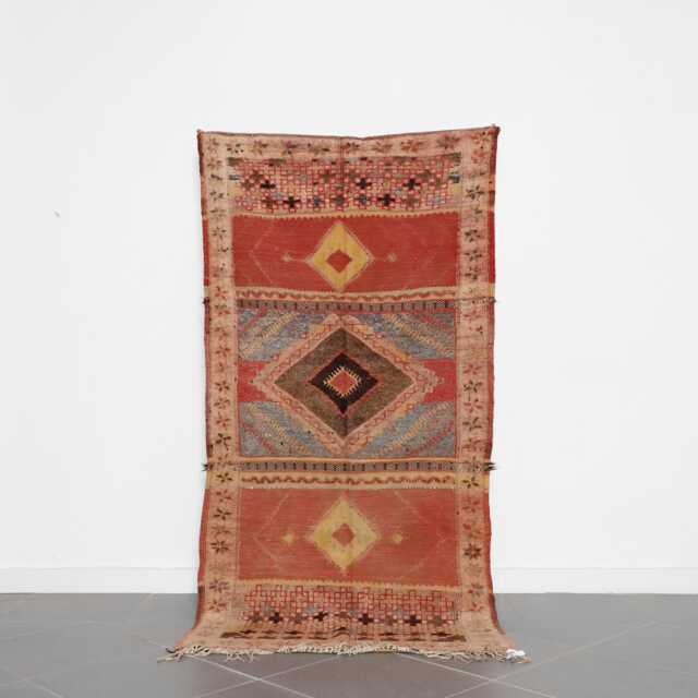 Vintage Moroccan Runner Rug Handwoven Berber Wool, Rust & Yellow, 7.4x3.7 Ft - image 1