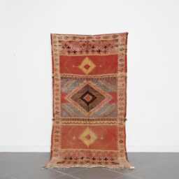Vintage Moroccan Runner Rug Handwoven Berber Wool, Rust & Yellow, 7.4x3.7 Ft - thumbnail 1