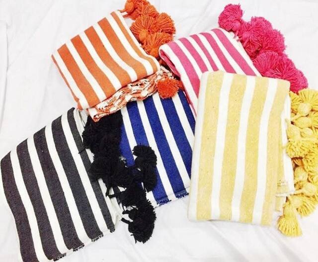 Pom Blanket - Moroccan Blanket Handmade Organic Cotton Striped Beautiful Throw Bedroom Tassels Gift For Her - image 1