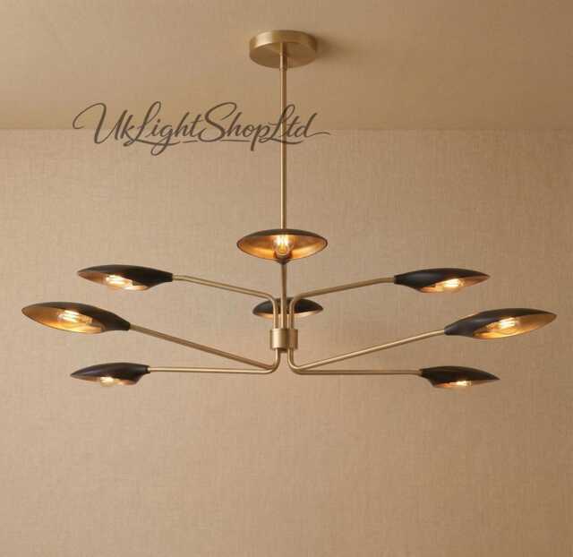 Mid Century Modern Brass Chandelier, Sputnik Pendant Light, Retro Shade Ceiling Fixture, Dining Room Lighting - image 1