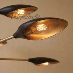Mid Century Modern Brass Chandelier, Sputnik Pendant Light, Retro Shade Ceiling Fixture, Dining Room Lighting - thumbnail 2
