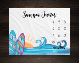 Surfing Milestone Blanket Monthly Growth Tracker Soft Fleece Surf Board Baby Shower Gift Newborn Watch Me Grow Boy - thumbnail 1