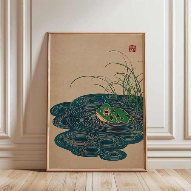 Green Frog Poster - Japanese Pond Illustration Blue Beige Nature Wall Art - image 1