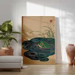 Green Frog Poster - Japanese Pond Illustration Blue Beige Nature Wall Art - thumbnail 3
