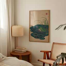 Green Frog Poster - Japanese Pond Illustration Blue Beige Nature Wall Art - thumbnail 2