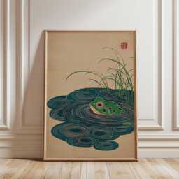 Green Frog Poster - Japanese Pond Illustration Blue Beige Nature Wall Art - thumbnail 1