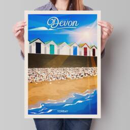 Devon Travel Poster - Torbay Broadsands Beach South England Huts Wall Art Home Decor Artwork Wedding Gift UK - thumbnail 1