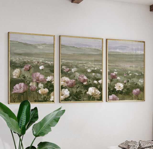 Floral Meadow Trio, Pink Landscape Wall Art Set - image 1