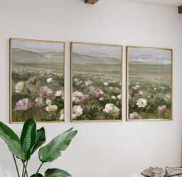 Floral Meadow Trio, Pink Landscape Wall Art Set - thumbnail 1