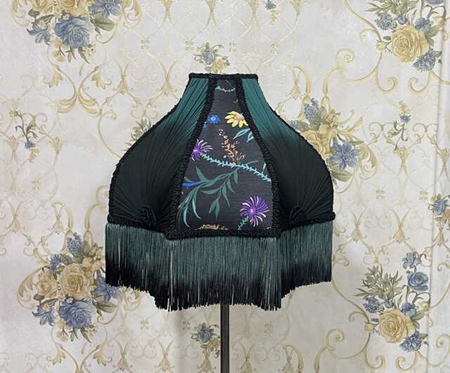 Floral Print Black Lampshade Handmade Victorian Style With Fringe - image 1