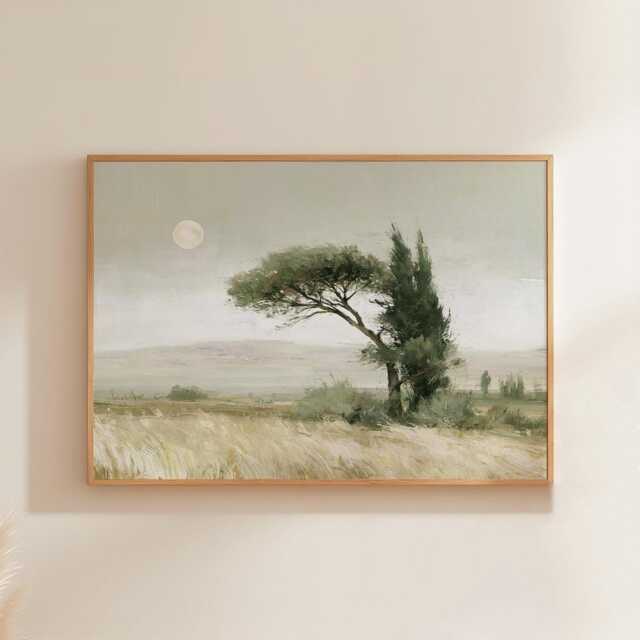 Cypress Tree Poster, Moon Landscape Print, Neutral Wall Art, Paper - image 1