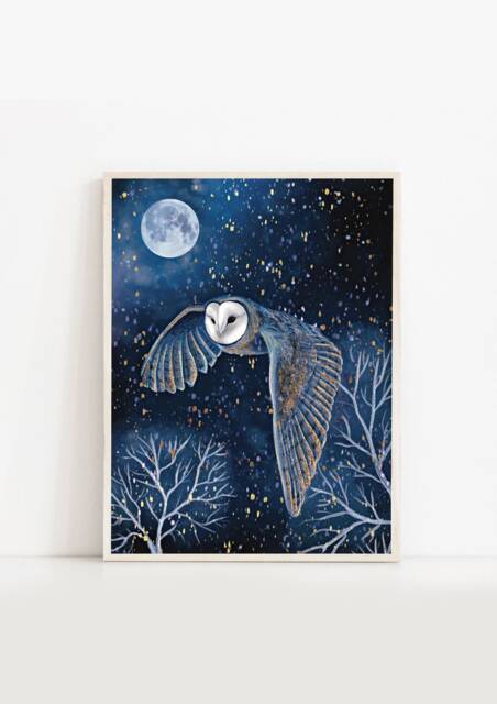 A4 A5 Original Art Print - Spiritual Spirit Guide Art Night Owl Blue Fantasy Poster Enchanted Night - image 1