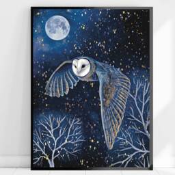 A4 A5 Original Art Print - Spiritual Spirit Guide Art Night Owl Blue Fantasy Poster Enchanted Night - thumbnail 2