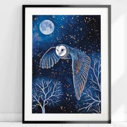 A4 A5 Original Art Print - Spiritual Spirit Guide Art Night Owl Blue Fantasy Poster Enchanted Night - thumbnail 3