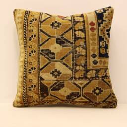 Vintage Turkish Kilim Pillow Cover, Ethnic Boho Cushion - 16x16 - thumbnail 1