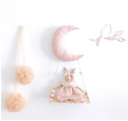 10 Colors - Pretty Customizable Linen Moon Night Light & Its Wooden Pearl Swing Shelf