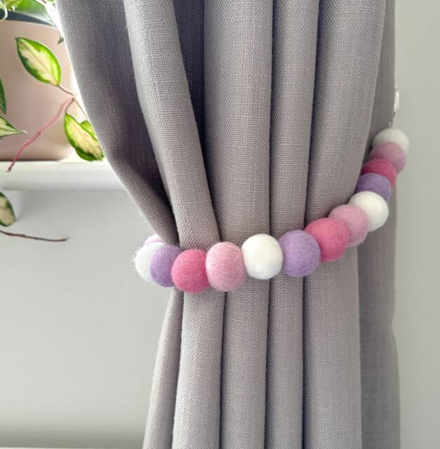 Pink & Purple Felt Ball Curtain Tie Backs - Pom Hold Custom Ties Nursery Decor Baby Gift Colourful Pull - image 1