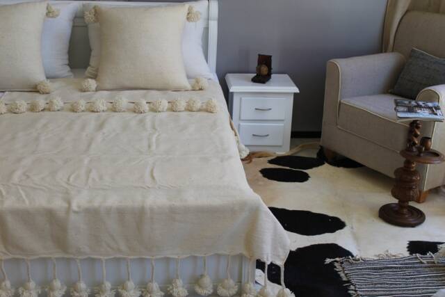 Moroccan Pom Ivory White Cotton Blanket & Throw With Braided Tassels Loomed By Hand For Eclectic Bohemian Berber Decoration - image 1
