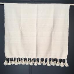Moroccan Pom Ivory White Cotton Blanket & Throw With Braided Tassels Loomed By Hand For Eclectic Bohemian Berber Decoration - thumbnail 4