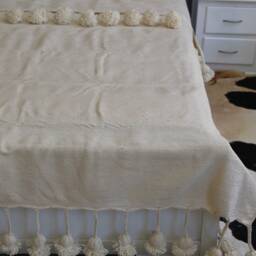 Moroccan Pom Ivory White Cotton Blanket & Throw With Braided Tassels Loomed By Hand For Eclectic Bohemian Berber Decoration - thumbnail 2
