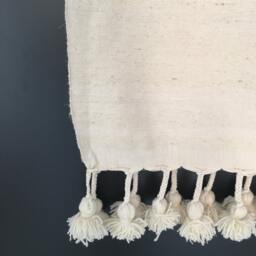 Moroccan Pom Ivory White Cotton Blanket & Throw With Braided Tassels Loomed By Hand For Eclectic Bohemian Berber Decoration - thumbnail 3