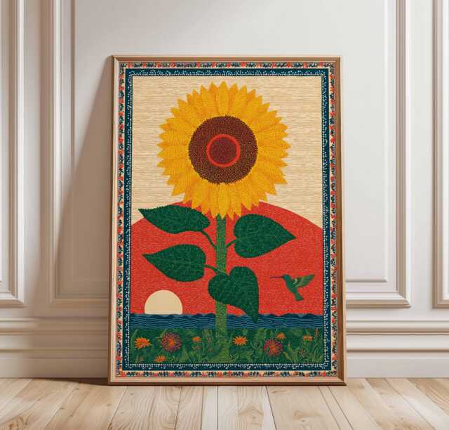Folk Art Sunflower Poster, Retro Cottagecore Botanical Print