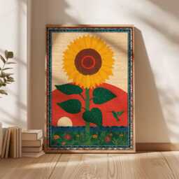 Folk Art Sunflower Poster, Retro Cottagecore Botanical Print - thumbnail 3