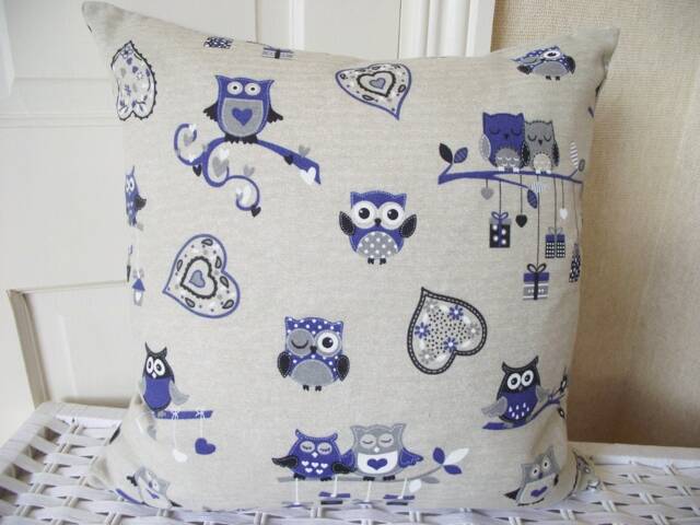 Owls Blue Cushion Backed in Laura Ashley Austen Natural Fabric With Zip Fastening - image 1