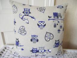Owls Blue Cushion Backed in Laura Ashley Austen Natural Fabric With Zip Fastening - thumbnail 1