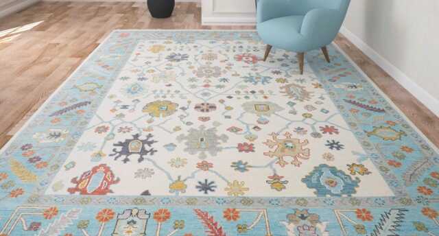 Handwoven Wool Oushak Rug, Ivory & Blue Fine Woolcarpet, Custom Size Ar_3305 - image 1