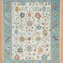 Handwoven Wool Oushak Rug, Ivory & Blue Fine Woolcarpet, Custom Size Ar_3305 - thumbnail 3