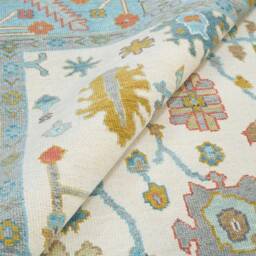 Handwoven Wool Oushak Rug, Ivory & Blue Fine Woolcarpet, Custom Size Ar_3305 - thumbnail 2