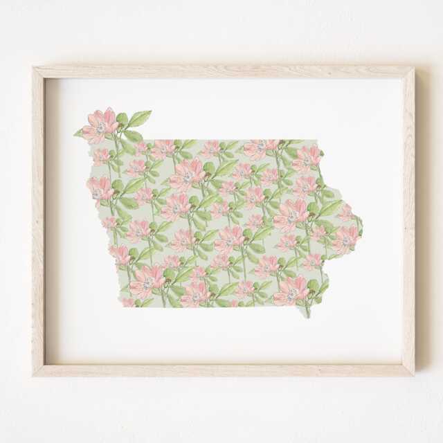 Iowa State Flower Map Watercolor Wild Prairie Rose - Art Print Wall Graduation Wedding Anniversary Realtor Moving Gift Midwest - image 1