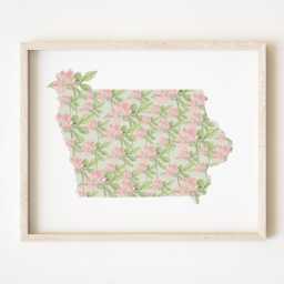 Iowa State Flower Map Watercolor Wild Prairie Rose - Art Print Wall Graduation Wedding Anniversary Realtor Moving Gift Midwest - thumbnail 1