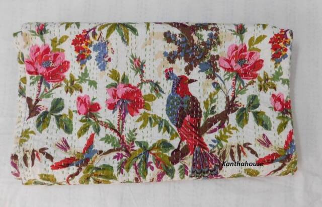 Floral Bird Kantha Quilt, Handmade Indian Cotton Bedspread - image 1