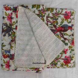 Floral Bird Kantha Quilt, Handmade Indian Cotton Bedspread - thumbnail 4