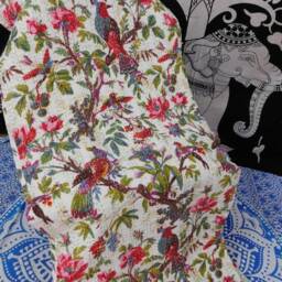 Floral Bird Kantha Quilt, Handmade Indian Cotton Bedspread - thumbnail 3