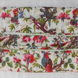 Floral Bird Kantha Quilt, Handmade Indian Cotton Bedspread - thumbnail 2