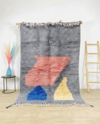 Gray Moroccan Rug With Coral & Blue Geometric Accents - Large 8x10 Shag Handmade Berber Wool Carpet For Modern Decor - thumbnail 1