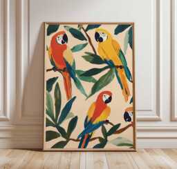 Parrot Poster Art, Colorful Tropical Birds Wall Decor, Nature Illustration, Vibrant Animal Print, Botanical Art Exotic Bird Decor - thumbnail 1