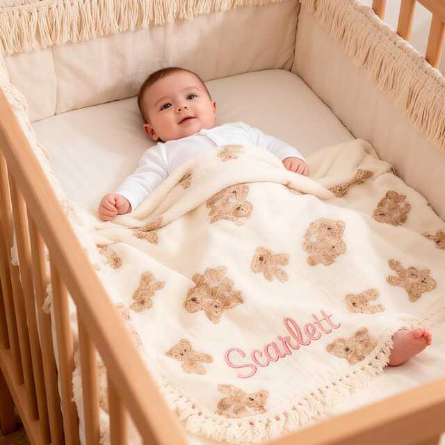 Personalized Teddy Bear Baby Blanket Embroidered Cotton Keepsake - image 1